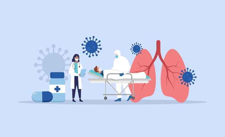 Coronavirus. Patient in hospital. Doctor and nurse. Lungs disease. Vector