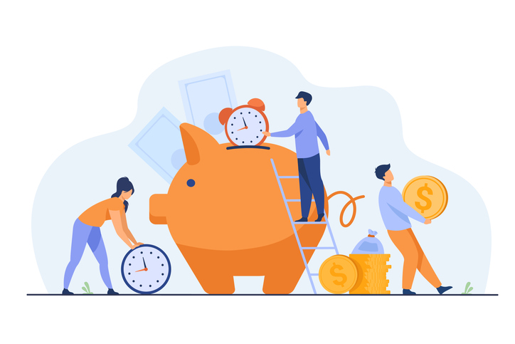 Rich people keeping cash and clocks in piggy bank