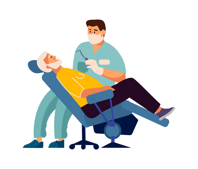 Dentist treats patient teeth. Stomatology concept. Man sitting in medical armchair, dental doctor checking oral hygiene. Appointment with stomatologist in clinic, vector dentistry