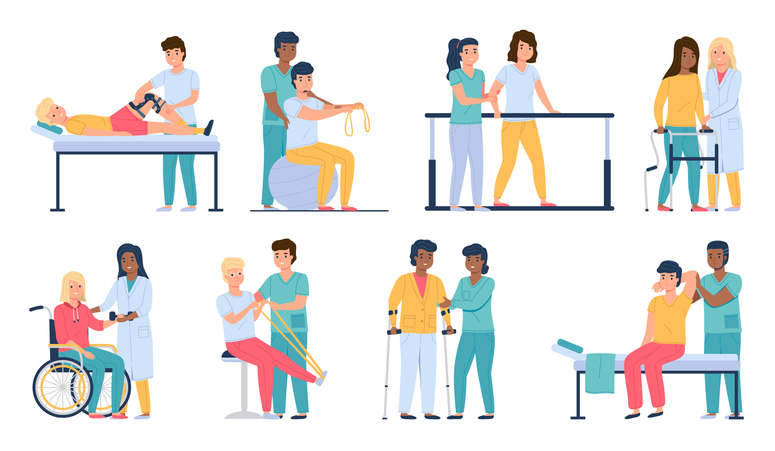 Physiotherapy people. Patients gradual recovery, medical physical workout, rehab and development mobility, strengthening muscles, therapists work in hospital, vector cartoon flat isolated set