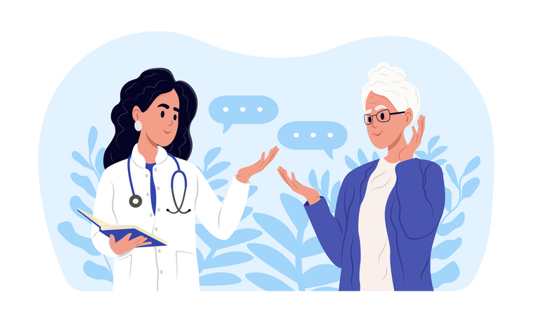 A family doctor is talking to an elderly patient. Awareness of the elderly about, Alzheimers disease, Cardiovascular diseases, Cancer, Osteoporosis, Arthritis, Parkinsons disease, Diabetes.
